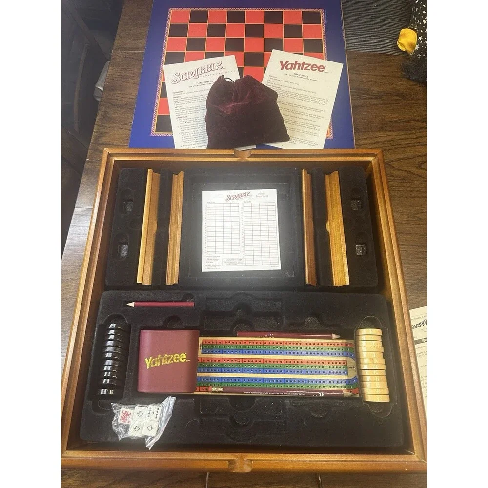 Scrabble & Yahtzee Wood Cabinet Collector Set 6 games Incomplete 2005